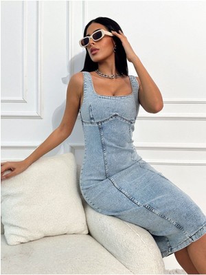 Yırtmaçlı Sırt Fermuarlı Midi Mavi Denim Elbise Kot Elbise Denim Dress