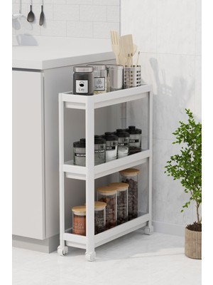 Dikdörtgen 3'lü Tekerlekli Raf, Banyo ve Mutfak Için Modern Beyaz Düzenleyici