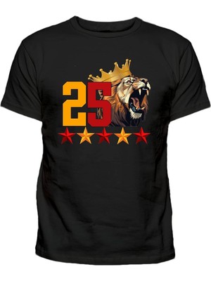 25 Kükreyen Kral Aslan 5 Yıldız Baskılı Pamuklu Yetişkin Tişört