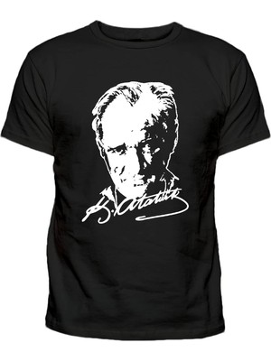 Silüet ve Imza Atatürk Baskılı Çocuk Pamuklu Siyah T-Shirt