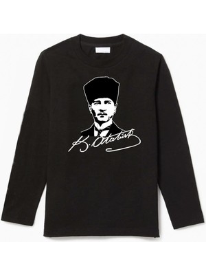 Uzun Kollu Mustafa Kemal Atatürk Imza Görselli Çocuk Pamuklu T-Shirt