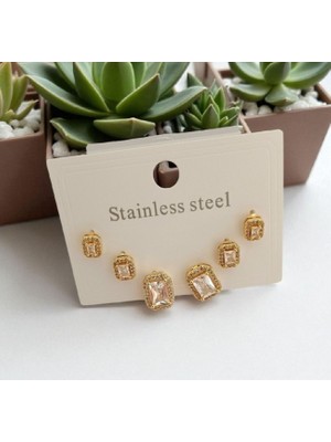 Kadın Zirkon Kare Taşlı 6 Adet Çelik Küpe