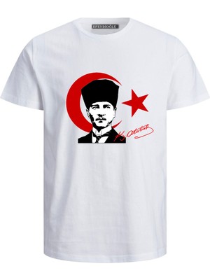 Atatürk ve Bayrak Baskılı Imzalı 30 Nisan Pamuklu Yumuşak Beyaz T-Shirt