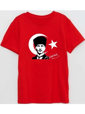 Atatürk Ve Bayrak Baskılı imzalı 29 Ekim cumhuriyet bayramı Pamuklu Yumuşak Kırmızı T-shirt