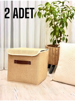 Bej 2'li Jüt Kapaklı Dolap Içi Saklama Kutusu 30X30X30 cm