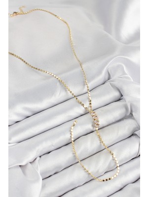 Zarif Kadın Için Golden Pirinç Zirkonlu Ezme Zincirli Y Kolye