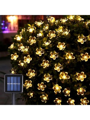 Solar Güneş Enerjili 50 LED Papatya 5 Metre Siyah Kablo 8 Kademeli Bahçe Balkon Ağaç Aydınlatma Dekor Işık