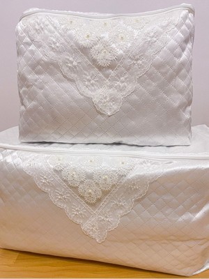 Iki Adet Ince Saten Yastık ve Bohça Seti, Beyaz Renk, Zarif ve Şık Tasarım