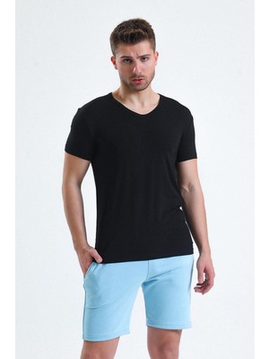 Erkek Modal V Yaka Siyah T-Shirt