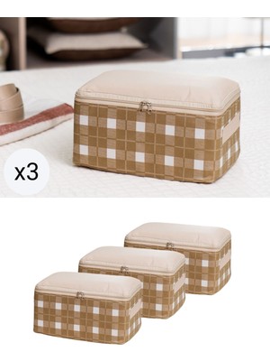 Küçük Bej Kare Desenli Valiz Organizer 30X20X15 Cm, 3'lü Set