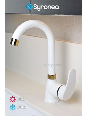 Syronea Mat Beyaz Kısa Nano Teknoloji Banyo Lavabo Bataryası Altın Desenli Musluk