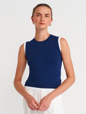 10784 Bisiklet Yaka Çift Görünümlü Triko Bluz-Laci-Beyaz