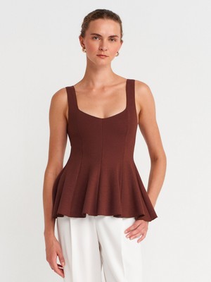 31973 Peplum Streç Top-Açık Kahve