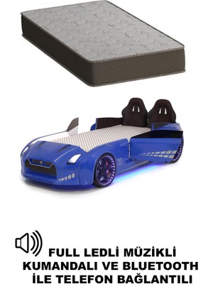 Mavi Arabalı Yatak Kapıları Açılan Gtr Full Ledli Kumandalı ve Müzikli + Ortopedik Yatak