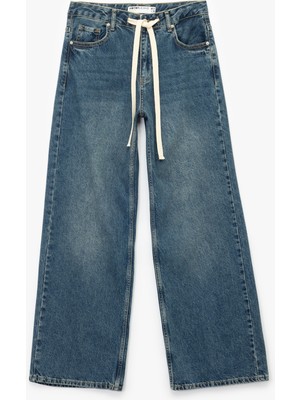 Standart Bel Regular Fit Geniş Paça Bağcıklı Jean Pantolon - Wide Leg Jeans