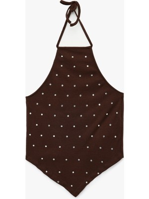 Taş Detaylı Slim Fit Asimetrik Boyundan Bağlamalı Kolsuz Halter Yaka Bluz