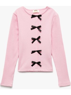 Ribanalı Uzun Kollu Bisiklet Yaka Fiyonklu Pamuklu Tişört