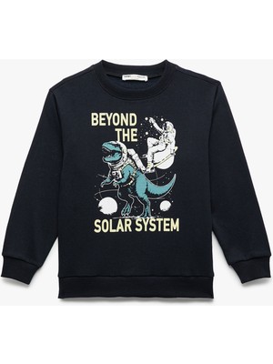 Uzun Kollu Bisiklet Yaka Dinozor Baskılı Şardonlu Sweatshirt