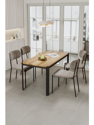 Nexa Siyah Metal Ayaklı 70X120 Sabit Masa Yemek Odası Takımı, Mutfak Takımı 4 Adet Sandalye