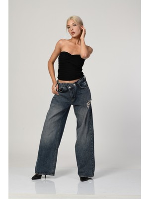 Whatsup Yüksek Bel Çapraz Düğmeli Bol Paça Pantolon  - Denim Denim - 27