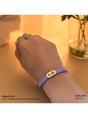 14 Ayar Plakalı Altın Aslan Burçları Için Hakiki Mor Derili Kalp Motifli Hediye BILEKLIK-558BURÇ