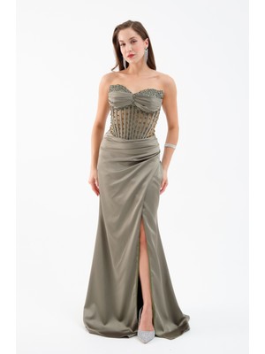 Kadın Haki Straplez Boncuklu Uzun Saten Abiye Elbise
