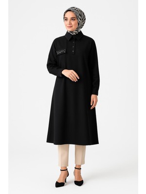 2101 Önü Göğüse Kadar Yarım Düğmeli Kol Ucu Manşetli Ön Kısmı Cep Görünümlü Cep Kısmı Taş ve Boncuk Işlemeli Tunik #05-25#