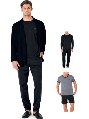 Pierre Cardin 5640 Erkek Triko Sabahlıklı 5'li Pijama Takım-Siyah