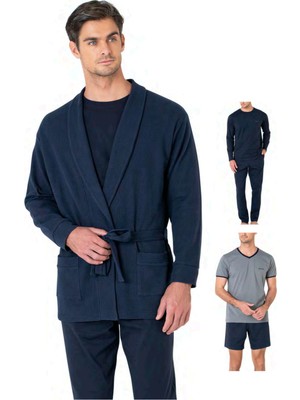 Pierre Cardin 5640 Erkek Triko Sabahlıklı 5'li Pijama Takım-Lacivert