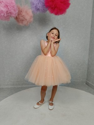 Kız Çocuk Ada Model Abiye Somon Etek Incili Elbise