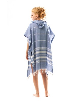 Kadın Bornoz Panço Peştemal Pamuklu Plaj Havlusu Mavi