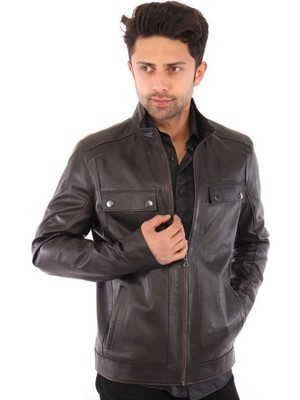 Deri Work Hakiki Deri Siyah Erkek Deri Mont Afshin Yandan Cepli Regular Kalıp Dik Yaka Ceket