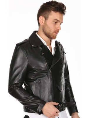 Hakiki Deri Siyah Erkek Deri Mont Belden Kemerli Üç Cepli Deri Ceket