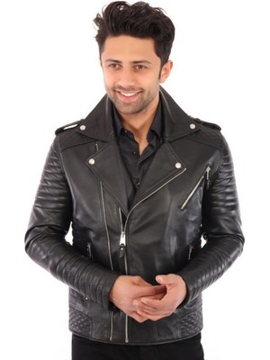 Hakiki Deri Siyah Erkek Deri Mont Çizgi Desenli Çift V Fermuarlı Üç Cepli Deri Ceket