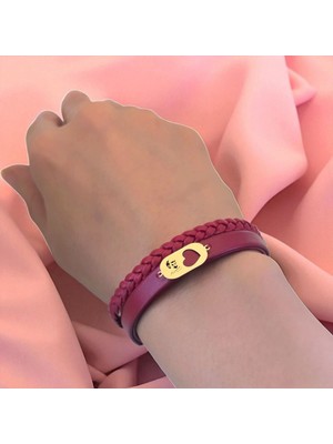 14 Ayar Plakalı Altın Atatürk Temalı Doğal Bordo Derili Kalp Figürlü Hediye BILEKLIK-559SEMBOL