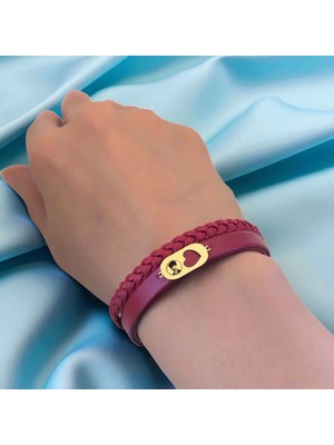 Altın Plakalı 14 Ayar Atatürk Temalı Kalp Figürlü Doğal Bordo Derili Hediye BILEKLIK-559SEMBOL