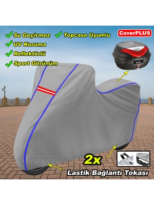 Motoran Sprint 125 Arka Çanta Uyumlu Branda Gri Mavi-Dikişli Reflektörlü Motosiket Brandası Motor Örtüsü Çadır Su Geçirmez Motosiklet Kılıfı Motor Brandası