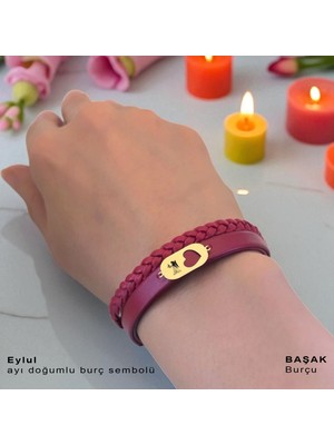 14 Ayar Altın Plakalı Başak Burçları Için Doğal Bordo Derili Kalp Figürlü Hediye BILEKLIK-559BURÇ