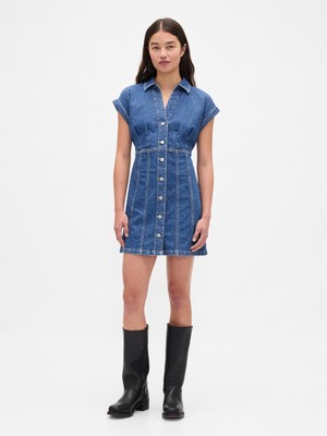 Gap Kadın Mavi Denim Seamed Mini Elbise
