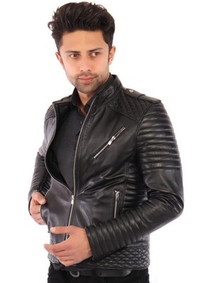 Hakiki Deri Siyah Erkek Deri Mont Çizgi Desenli Koları Fermuarlı Yandan Cepli Deri Ceket