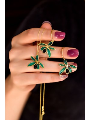 Papatya Silver 925 Ayar Gümüş Altın Kaplama Oniks Taşlı Zeytin Dalı Set