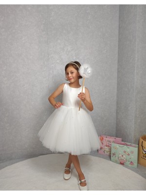 Kız Çocuk Ada Model Abiye Beyaz Etek Incili Elbise