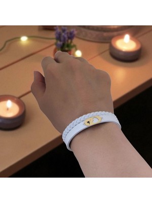 Altın Plakalı 14 Ayar Melek Temalı Doğal Beyaz Derili Kalp Figürlü Hediye BILEKLIK-561SEMBOL