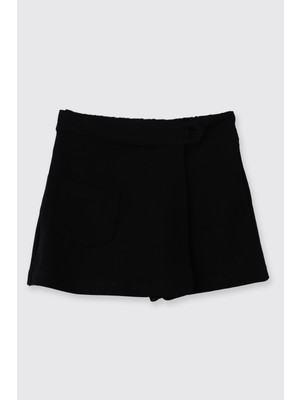 Kız Çocuk Cep Detaylı Beli Yarım Lastikli Siyah Şort Etek
