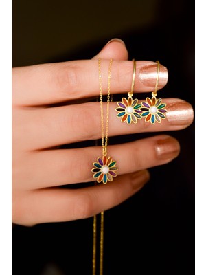 Papatya Silver 925 Ayar Gümüş Gold Kaplama Özel Tasarım Opal Taşlı Renklii Papatya Kolye ve Küpe Set