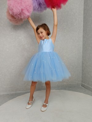 Kız Çocuk Ada Model Abiye Mavi Etek Incili Elbise