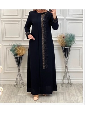 4062ÖNÜ ve Kol Ucu Taşlı Sıfır Yaka Serpme Taşlı Özel Gün Sıfır Yaka Tam Boy Ferace Qys 4062 #23-01#