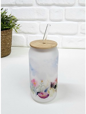 Bambu Kapaklı Renkli Çiçek Desenli Pipetli Buzlu Cam Bardak