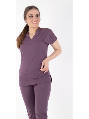 Uçak İş Giyim Soft Mürdüm U-flex Likralı Tek Üst Hemşire & Doktor Forması