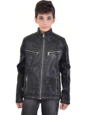 Hakiki Deri Siyah Erkek Deri Mont Düz Çizgi Desenli Dört Cepli Deri Ceket